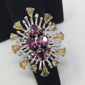 Fabulous Galaxy Ring Genuine Opals & Rhodolite Garnets Ring
